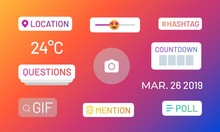 Instagram Stories Polls. Social Media Icons And Functional Stickers, Hashtag Location Mention Poll Slider. Vector Stories Popular UI Elements