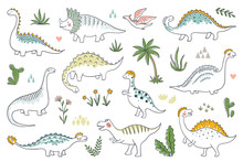 Trendy Doodle Dinosaurs. Cute Outline Dino Babies Set, Funny Cartoon Dragons And Jurassic Dinosaurs. Vector Prehistoric Lizards Illustration