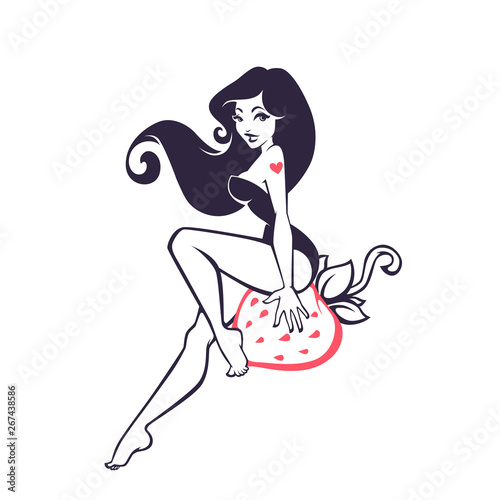 Fotomural strawberry girl, lovely pinup lady sitting on red strawberry berry