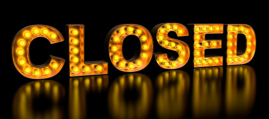 Leinwandbilder - Closed signboard from golden light bulb letters, retro glowing font. 3D rendering