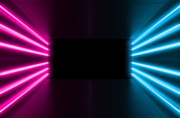 Poster - Empty background scene. Dark room, neon blue and pink figures in the dark, smoke. Abstract dark background.