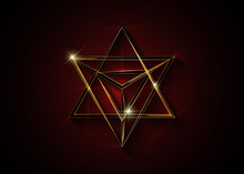 Sacred Geometry. 3D Gold Merkaba Thin Line Geometric Triangle Shape. Esoteric Or Spiritual Symbol. Isolated On Dark Red Background. Star Tetrahedron Icon. Light Spirit Body, Wicca Esoteric Divination