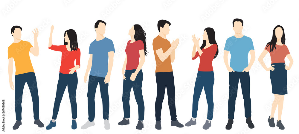 Set of men and women standing, in various poses, cartoon character,  people, business, group, vector silhouette, flat designe icon, different colors, isolated on white background - obrazy, fototapety, plakaty 