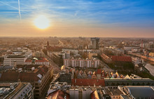 Beautiful, Colorful Sunset Over Wroclaw Aerial View
