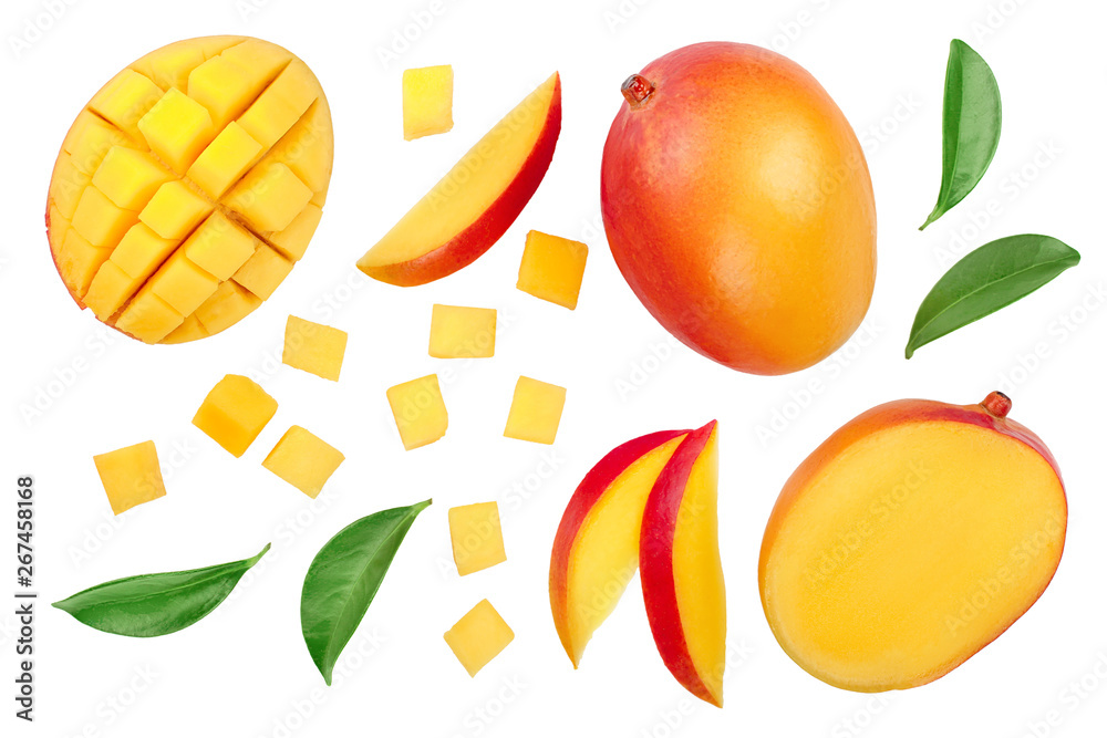 Mango fruit half with slices isolated on white background. Set or collection. Top view. Flat lay - obrazy, fototapety, plakaty 