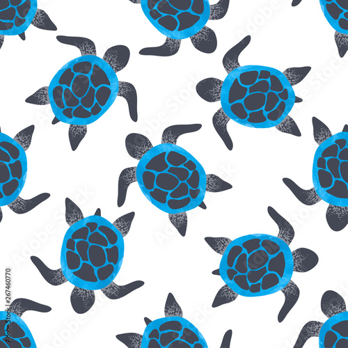 Seamless vector watercolor blue turtles pattern.