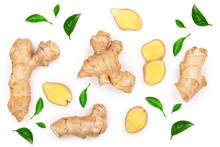 Fresh Ginger Root And Slice Isolated On White Background. Top View. Flat Lay