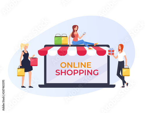 Happy Smiling Woman Character Making Purchases By Online Shop Store Internet Shopping Banner Poster Web Page Concept Vector Flat Graphic Design Cartoon Illustration Buy This Stock Vector And Explore Similar Vectors