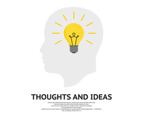 Poster - New bright idea form human head. Human head think, bulb idea vector icon illustration. Thoughts and ideas concept. Vector illustration