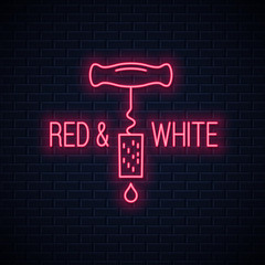 Wall Mural - Wine neon sign. Wine screw cap neon banner on wall