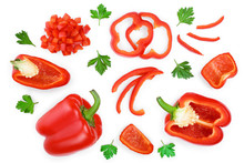 Red Sweet Bell Pepper Isolated On White Background. Top View. Flat Lay
