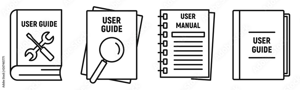 User guide book icons set. Outline set of user guide book vector icons for web design isolated on white background - obrazy, fototapety, plakaty 