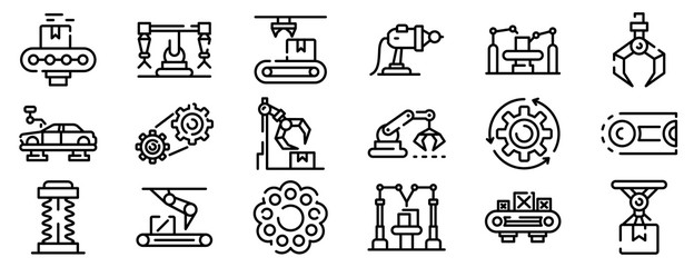 Poster - Assembly line icons set. Outline set of assembly line vector icons for web design isolated on white background