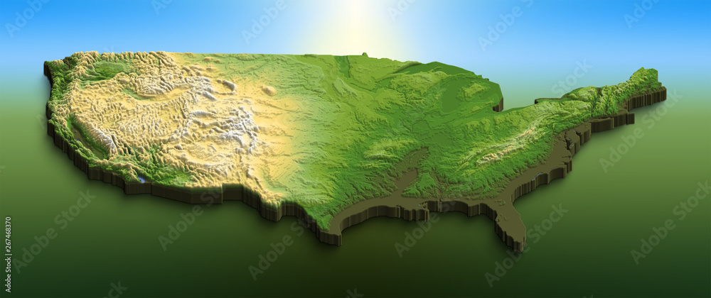Relief map of USA with 3D effect. Isometric map of country. Clipped at ...