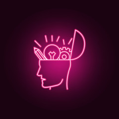 Wall Mural - head with pencils with a light bulb and gears neon icon. Elements of Idea set. Simple icon for websites, web design, mobile app, info graphics