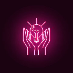 Poster - hands and a light bulb neon icon. Elements of Idea set. Simple icon for websites, web design, mobile app, info graphics