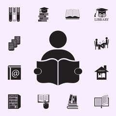 Sticker - a man with an open book icon. Library icons universal set for web and mobile