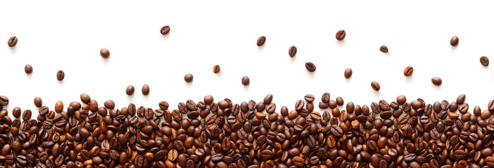 Poster - Panoramic coffee beans border isolated on white background with copy space