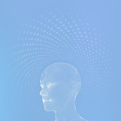 Wall Mural - AI. Artificial intelligence concept. Ai digital brain. Abstract digital human face. Human head in robot digital computer interpretation. Robotics concept. Wireframe head concept. Vector illustration.