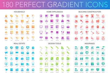 Poster - 180 vector trendy perfect gradient icons set of 180 modern thin line icons set of household, home appliances, building construction, real estate, design tools, insurance.