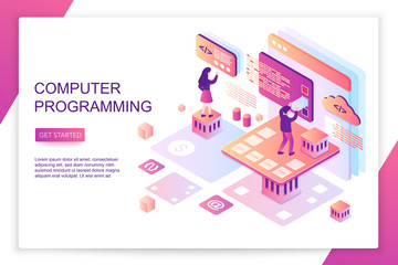 Computer software programming, coding, front end development, modern 3d isometric vector website landing page template. People interacting with virtual screen charts and analyzing statistics.