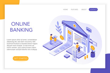 Poster - Online Banking, secure payments, bank account 3d isometric landing website page template. People, virtual screen charts with statistics vector illustration.