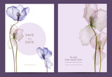 Fototapeta  - Modern invitation card template in the botanical style. Abstract flowers on a purple background. Background for the invitation, shop, beauty salon, spa. Vector illustration