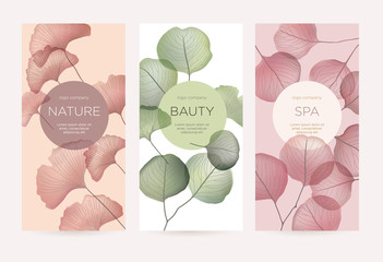 A set of cards with abstract leaves. Design template for the hotel, beauty salon, spa, restaurant, club. Vector illustration.