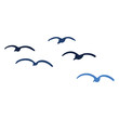 Cute seagull flock silhouette cartoon vector illustration motif set. Hand drawn isolated ocean life elements clipart for birdwatching blog, avian graphic, world sea bird buttons.
