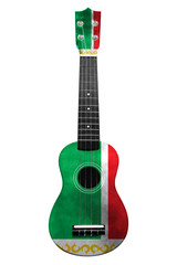 Hawaiian national guitar, ukulele, with a painted Chechnya flag, on a white isolated background, as a symbol of folk art or a national song.