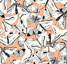 Butterflies Flying Seamless Pattern On Pink. Colorful Illustration Of A Texture Of Butterflies With Detail For Backgrounds, Fashion, Textile, Wrapping Paper And Wallpaper