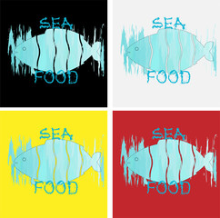 Wall Mural - logo of sea food from cut fish on the background of strokes of watercolor of the color of sea water