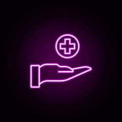 Poster - Health, hand neon icon. Elements of medical set. Simple icon for websites, web design, mobile app, info graphics
