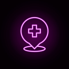 Poster - Pin hospital neon icon. Elements of medical set. Simple icon for websites, web design, mobile app, info graphics