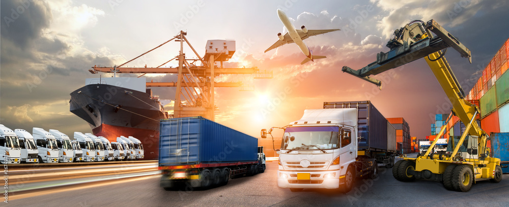 Container truck in ship port for business Logistics and transportation of Container Cargo ship and Cargo plane with working crane bridge in shipyard at sunrise, logistic import export and transport  - obrazy, fototapety, plakaty 