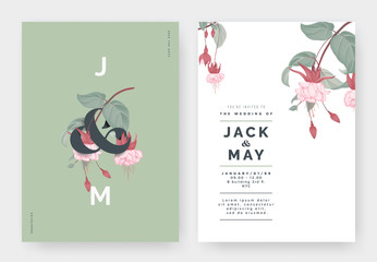 Wall Mural - Minimalist botanical wedding invitation card template design, Fuchsia icy pink flowers with lettering on green, pastel vintage theme