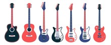 Electric Guitars And Acoustic Different Designs. Flat Vector Illustration.
