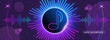 horizontal music banner. Bright purple futuristic round equalizer. musical note, vector illustration.