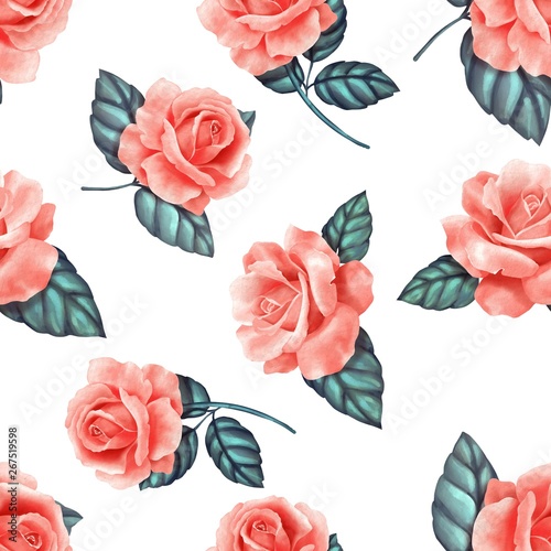 Seamless floral pattern with red roses on white background