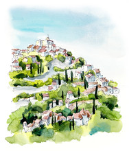 Provence. Hand Drawing Illustration. Gel Pen And Watercolor