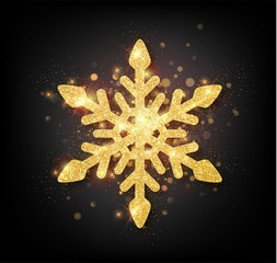 Wall Mural - glitter covered gold snowflake with on transparent background. greeting card, invitation happy new y