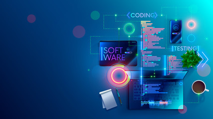 software development coding process concept. programming, testing cross platform code, app on laptop