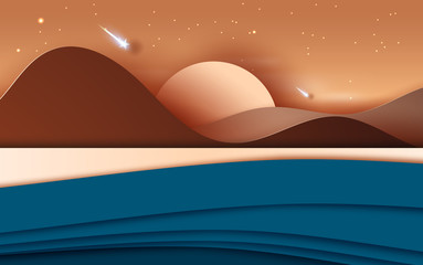 Wall Mural - 3d illustration of landscape with mountains and beach sunset time.light starfall at evening. creativ