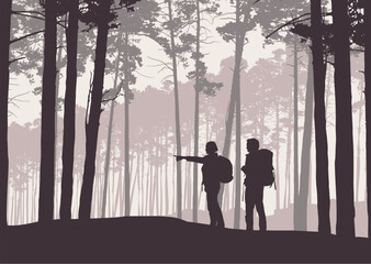 Wall Mural - realistic illustration of retro landscape silhouettes with forest and coniferous trees. two hikers, 