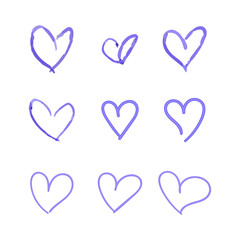 Wall Mural - Vector Set of Hand Drawn Hearts, Blue Ballpen Drawings Isolated on White Background, Outline Icons Set.