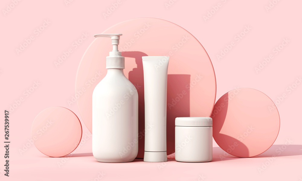 Blank white cosmetic skincare makeup containers. 3D Render - obrazy, fototapety, plakaty 