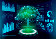 © LuckyStep - 3D low poly green plant tree HUD UI display. Future polygonal triangle point line ecology problems solution abstract biology. Genome engineering vector illustration future business technology