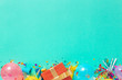 © kucherav - Decoration party. Balloons and different party decorations with free copy space top view