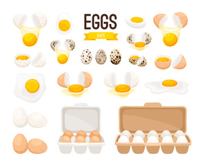fresh and boiled eggs. cartoon broken eggs with cracked eggshell, in cardboard box and egg half with