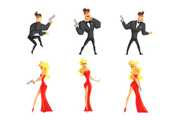 Sticker - Secret agents in different poses. Handsome man and beautiful woman with gun in hands. Male in black suit, female in sexy red dress. Flat vector set